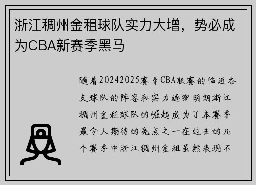 浙江稠州金租球队实力大增，势必成为CBA新赛季黑马