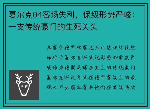 夏尔克04客场失利，保级形势严峻：一支传统豪门的生死关头